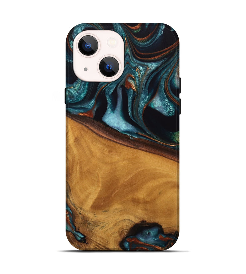 iPhone 14 Wood Live Edge Phone Case - Brea (Teal & Gold, 744762)