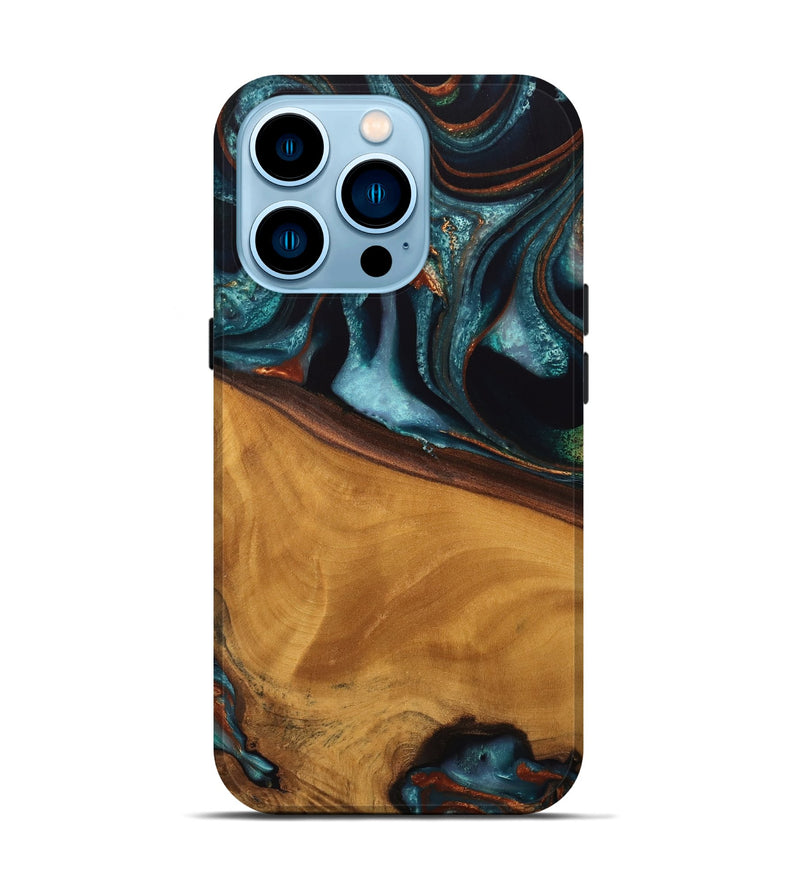 iPhone 14 Pro Wood Live Edge Phone Case - Brea (Teal & Gold, 744762)