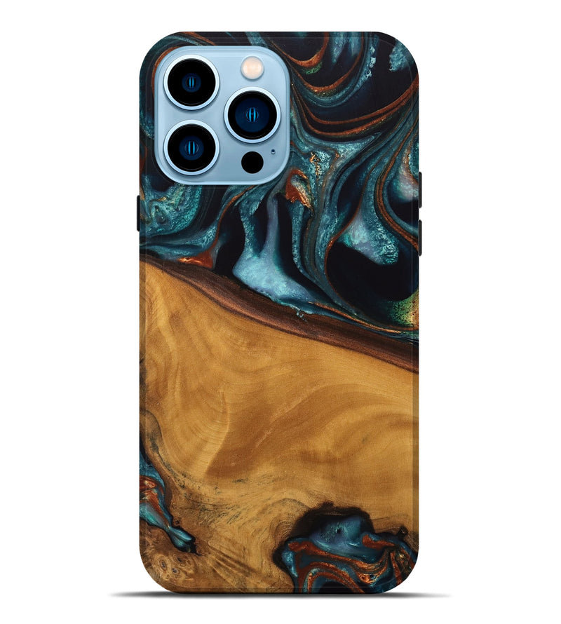 iPhone 14 Pro Max Wood Live Edge Phone Case - Brea (Teal & Gold, 744762)