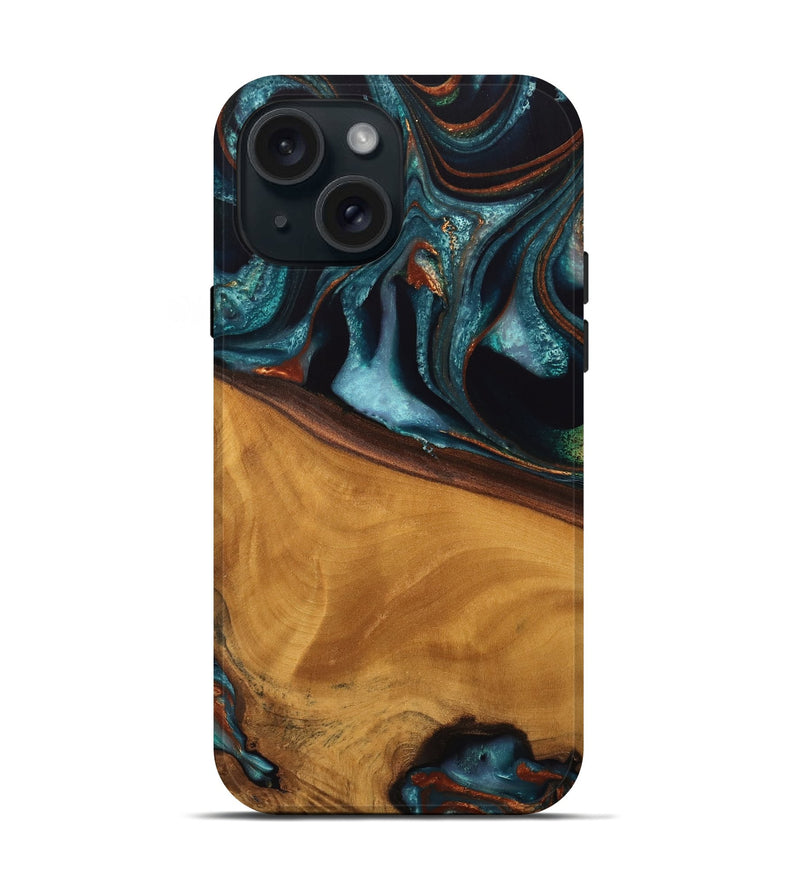 iPhone 15 Wood Live Edge Phone Case - Brea (Teal & Gold, 744762)