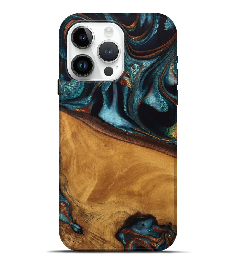 iPhone 15 Pro Max Wood Live Edge Phone Case - Brea (Teal & Gold, 744762)