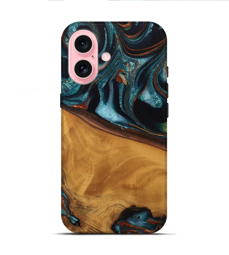 iPhone 16 Wood Live Edge Phone Case - Brea (Teal & Gold, 744762)