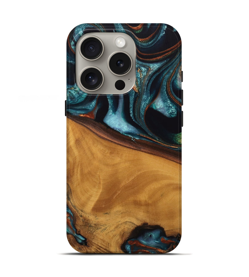 iPhone 16 Pro Wood Live Edge Phone Case - Brea (Teal & Gold, 744762)