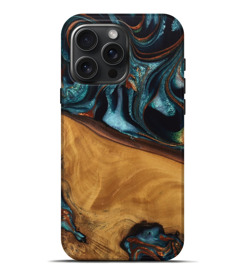 iPhone 16 Pro Max Wood Live Edge Phone Case - Brea (Teal & Gold, 744762)