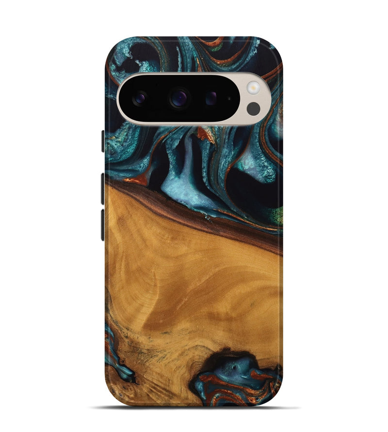 Pixel 9 Wood Live Edge Phone Case - Brea (Teal & Gold, 744762)