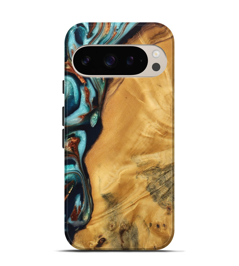 Pixel 9 Wood Live Edge Phone Case - Taya (Teal & Gold, 744763)