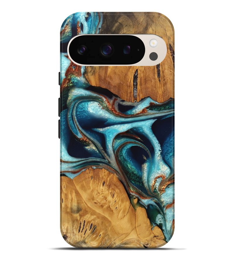 Pixel 9 Pro XL Wood Live Edge Phone Case - Jessa (Teal & Gold, 744764)