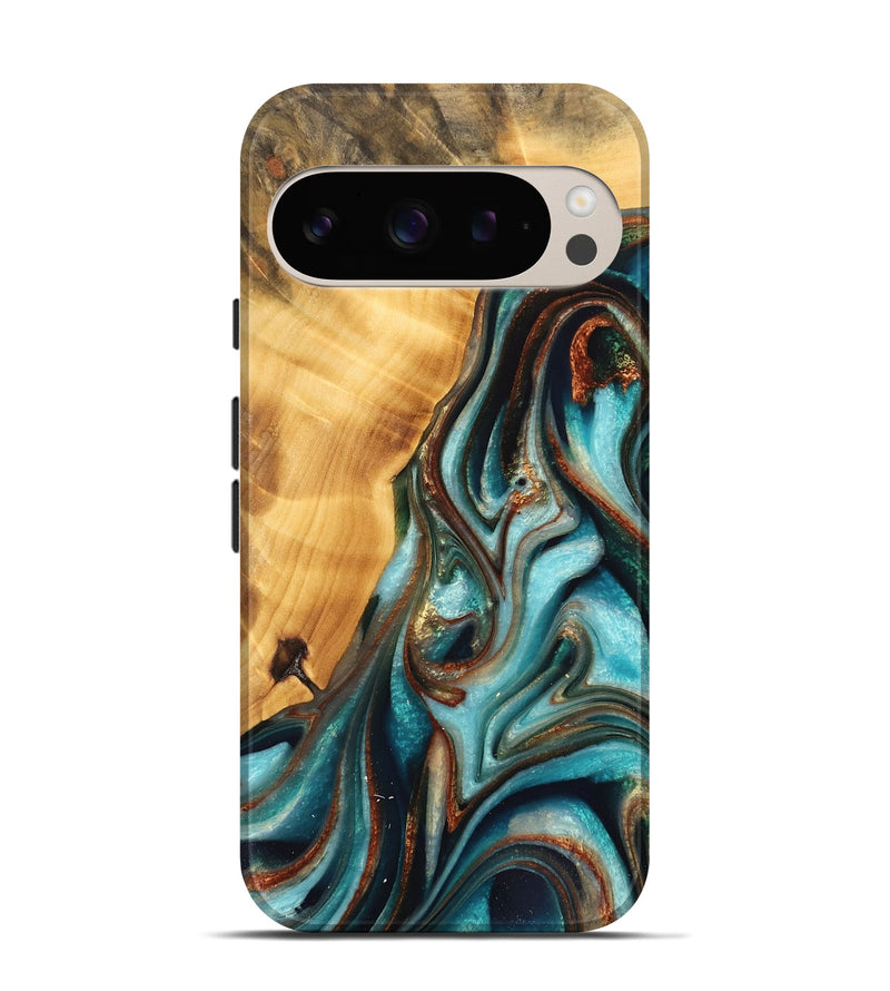 Pixel 9 Wood Live Edge Phone Case - Malva (Teal & Gold, 744765)