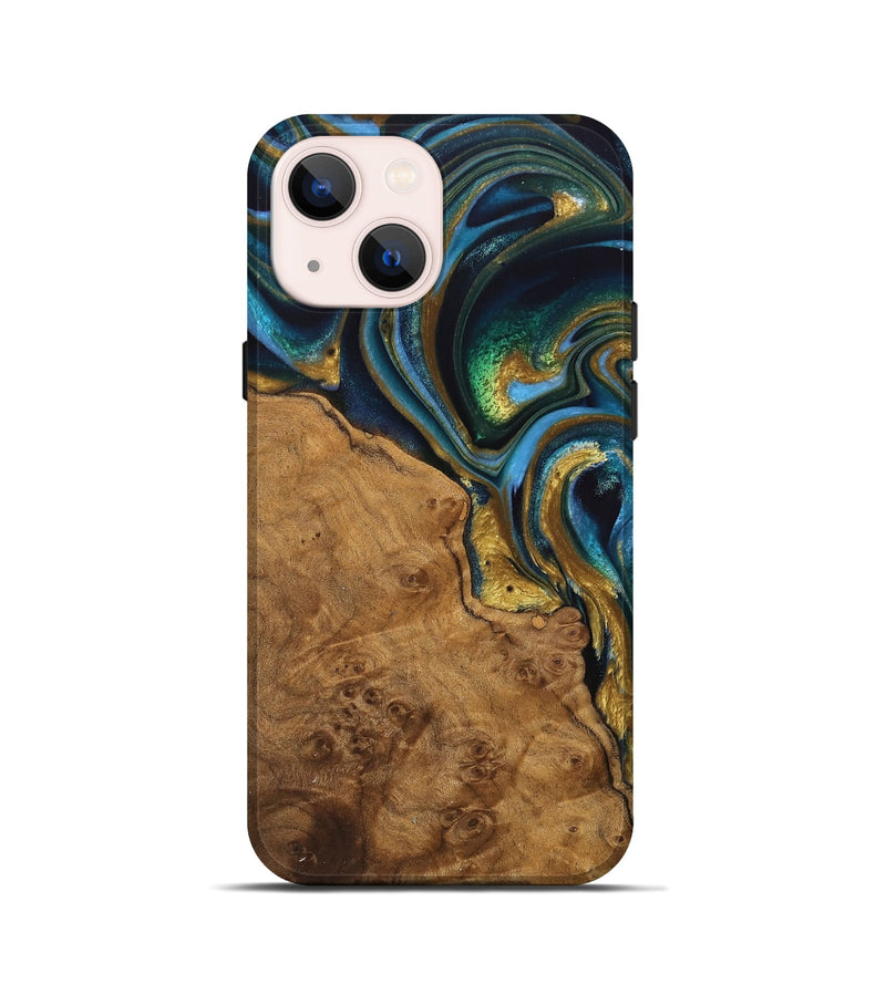 iPhone 13 mini Wood Live Edge Phone Case - Diva (Teal & Gold, 744766)