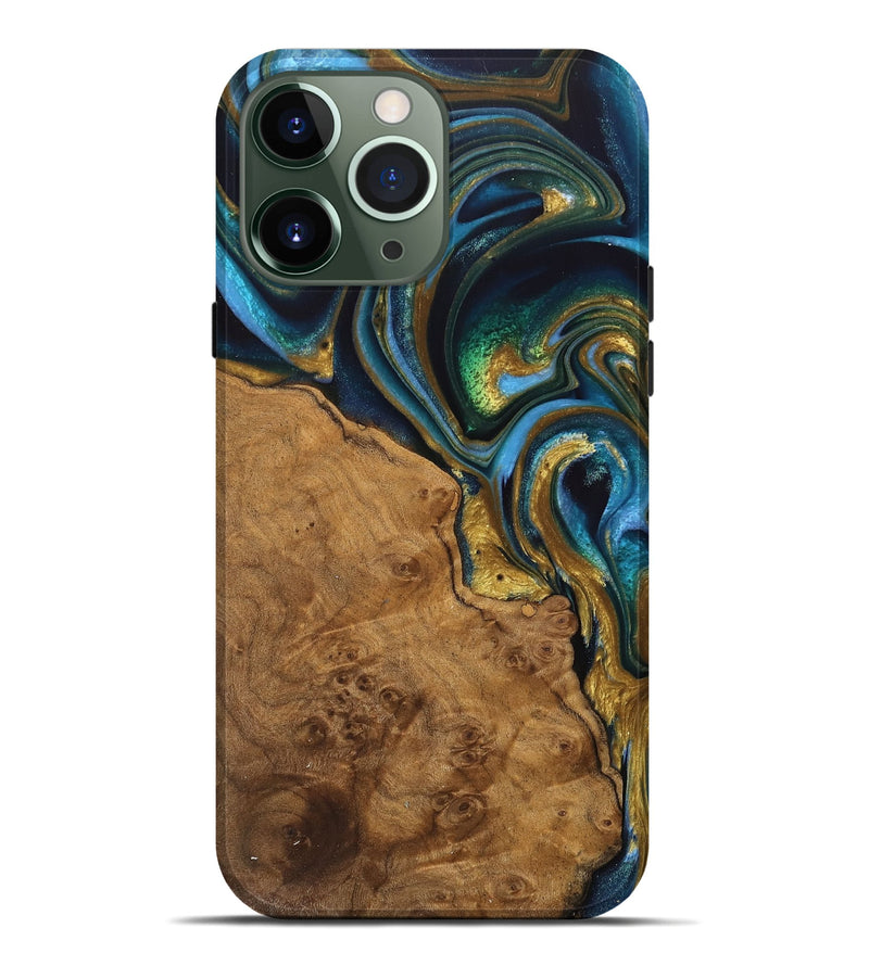 iPhone 13 Pro Max Wood Live Edge Phone Case - Diva (Teal & Gold, 744766)