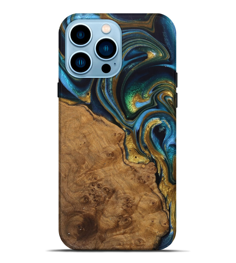 iPhone 14 Pro Max Wood Live Edge Phone Case - Diva (Teal & Gold, 744766)