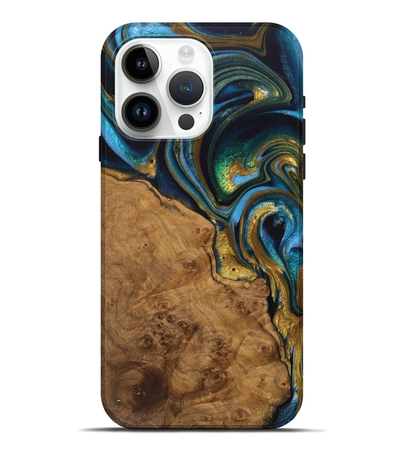 iPhone 15 Pro Max Wood Live Edge Phone Case - Diva (Teal & Gold, 744766)