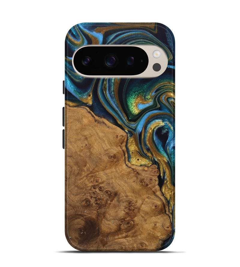 Pixel 9 Wood Live Edge Phone Case - Diva (Teal & Gold, 744766)