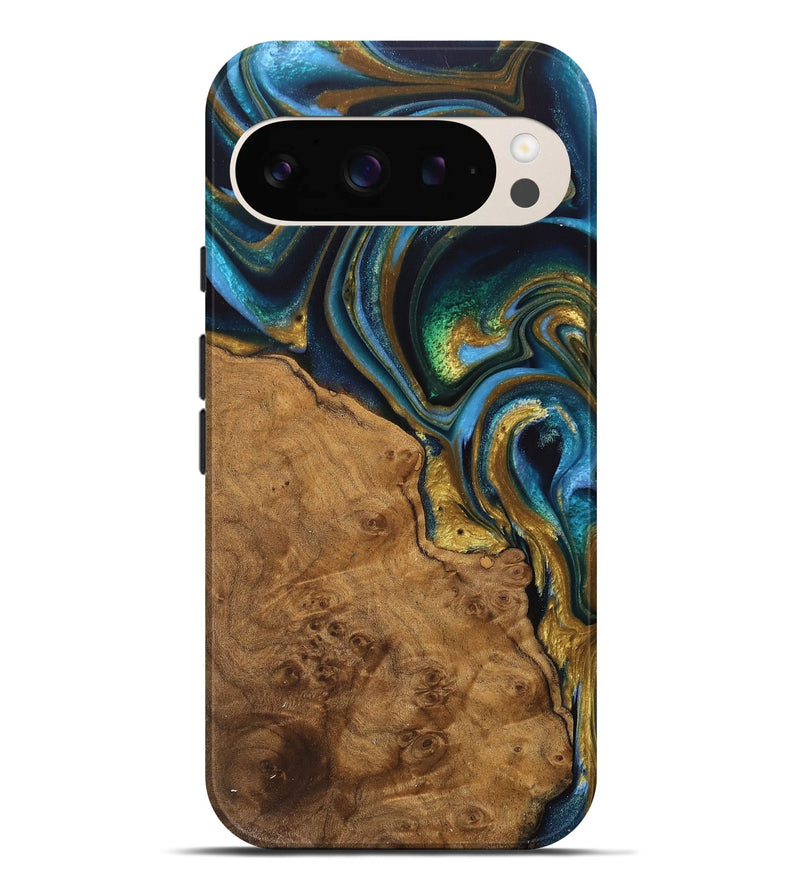 Pixel 9 Pro XL Wood Live Edge Phone Case - Diva (Teal & Gold, 744766)