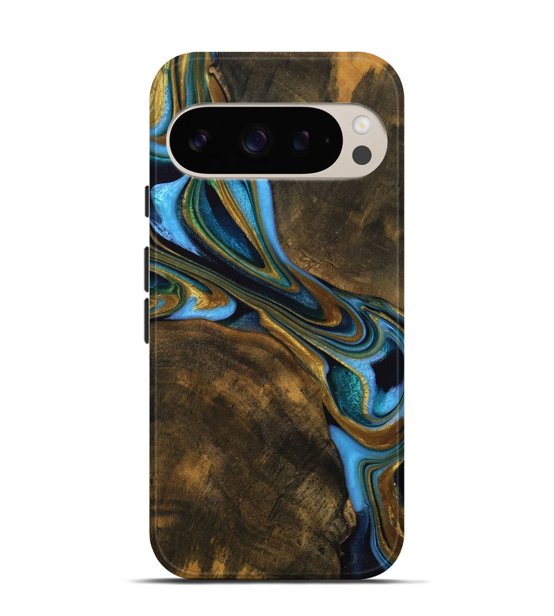 Pixel 9 Wood Live Edge Phone Case - Mack (Teal & Gold, 744769)