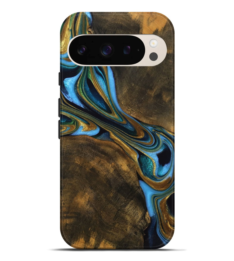 Pixel 9 Pro XL Wood Live Edge Phone Case - Mack (Teal & Gold, 744769)