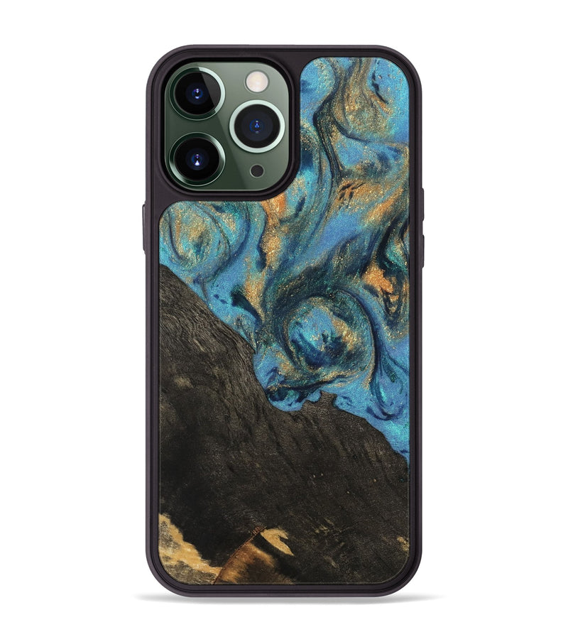 iPhone 13 Pro Max Wood Phone Case - Sabina (Teal & Gold, 744898)