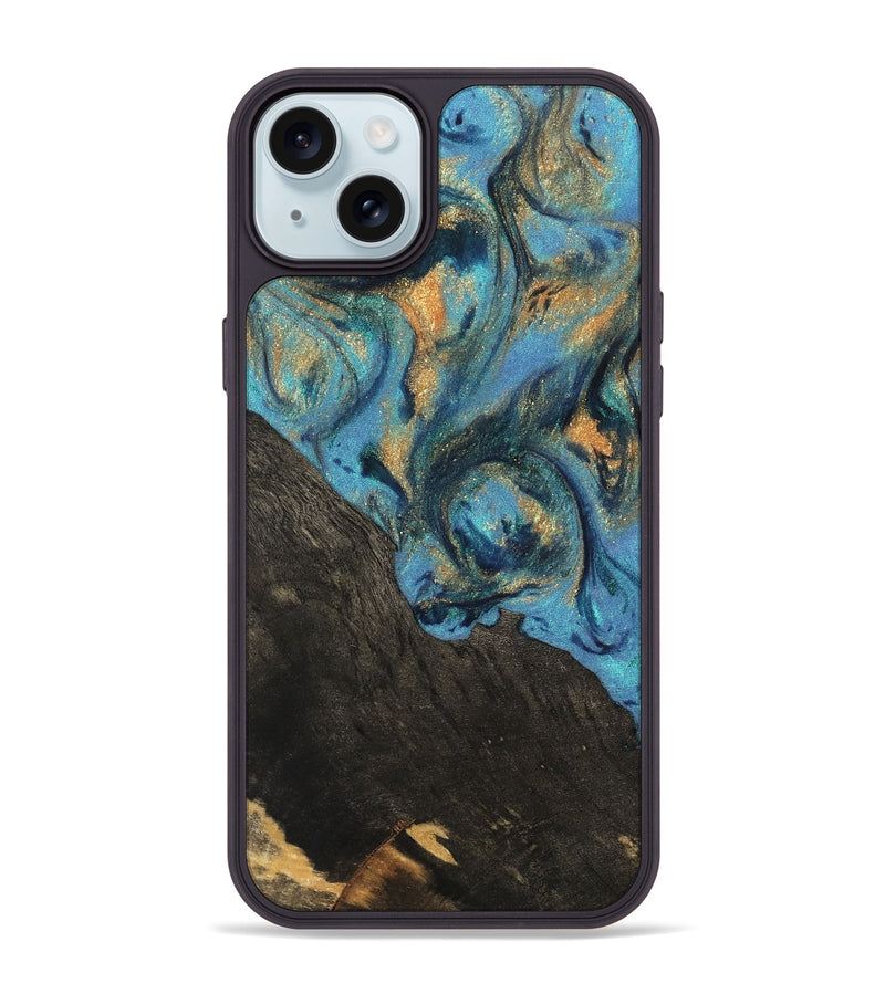 iPhone 15 Plus Wood Phone Case - Sabina (Teal & Gold, 744898)