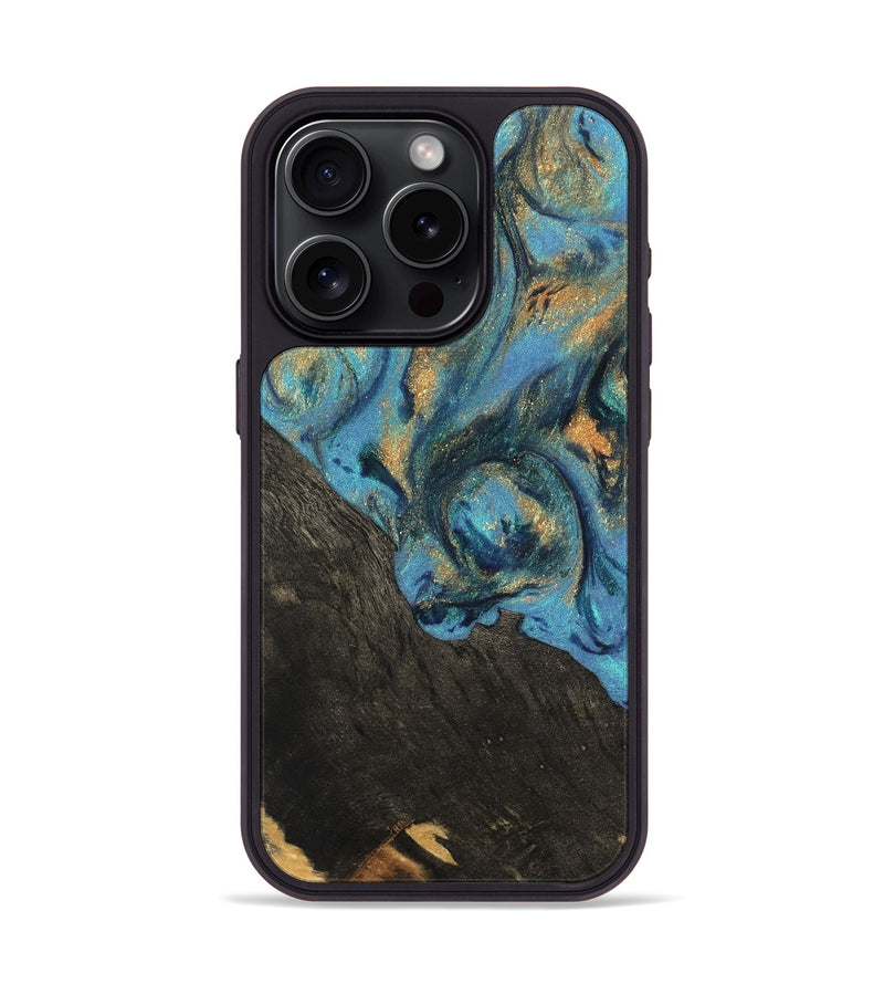 iPhone 15 Pro Wood Phone Case - Sabina (Teal & Gold, 744898)