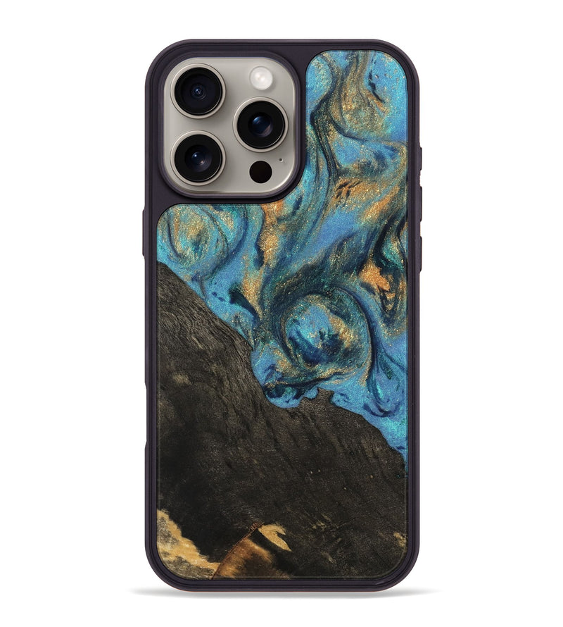 iPhone 16 Pro Max Wood Phone Case - Sabina (Teal & Gold, 744898)