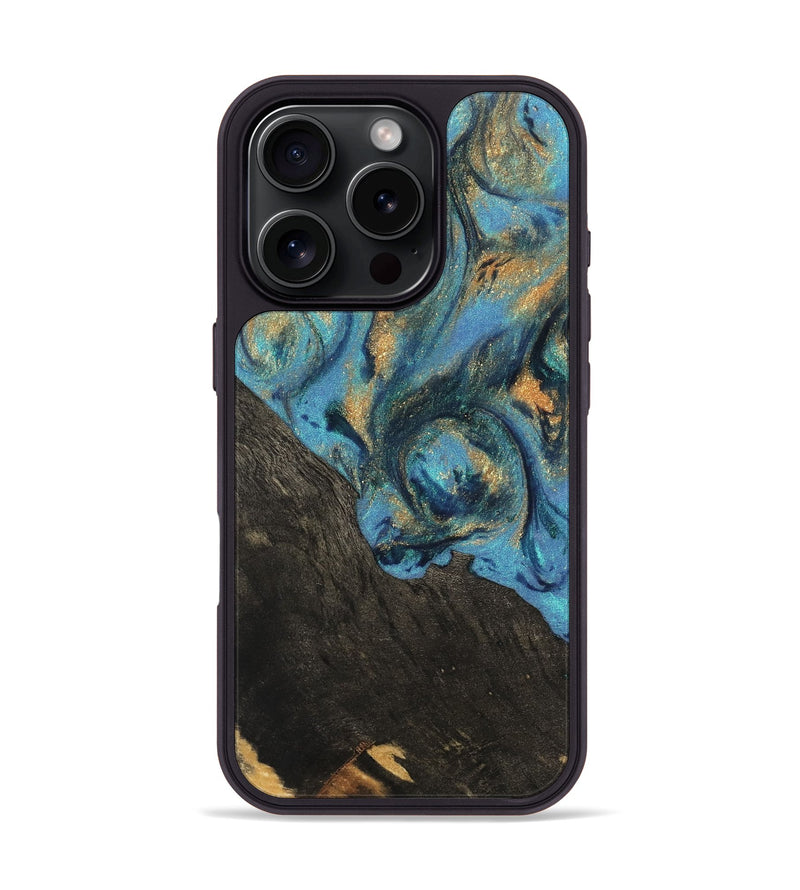 iPhone 16 Pro Wood Phone Case - Sabina (Teal & Gold, 744898)