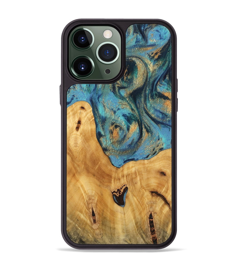 iPhone 13 Pro Max Wood Phone Case - Radha (Teal & Gold, 744899)