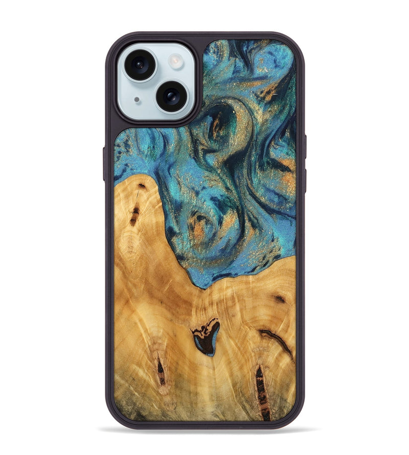 iPhone 15 Plus Wood Phone Case - Radha (Teal & Gold, 744899)