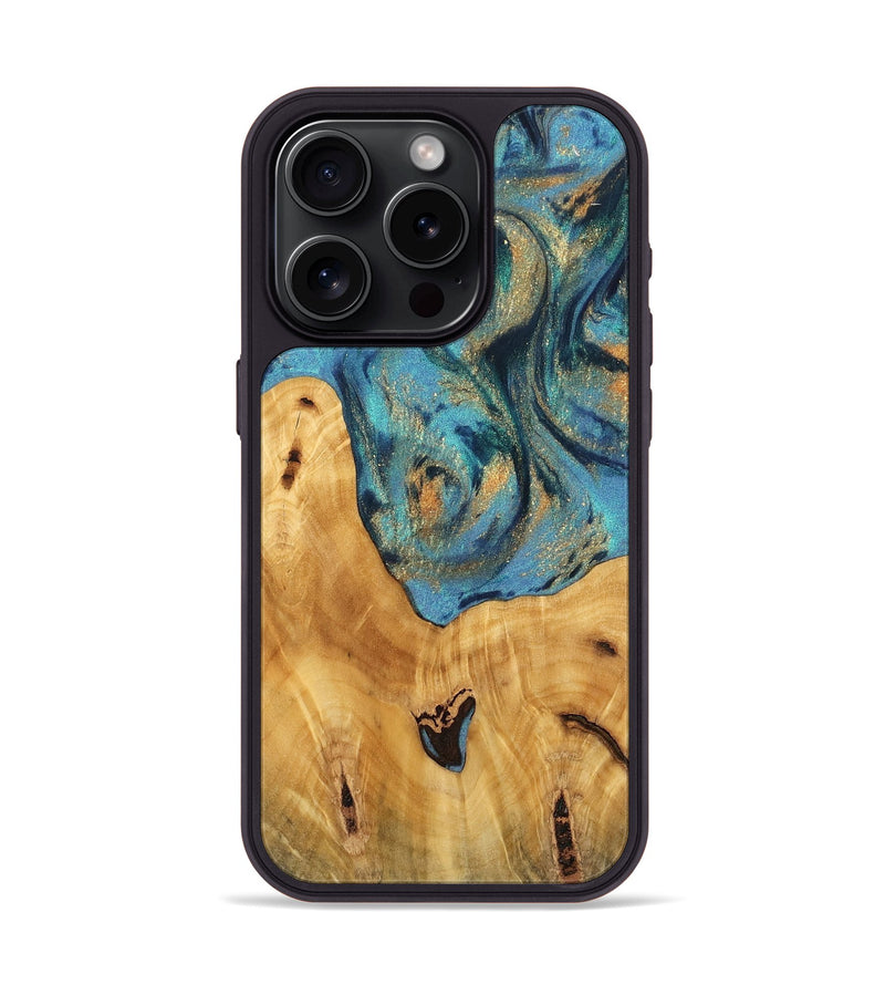 iPhone 15 Pro Wood Phone Case - Radha (Teal & Gold, 744899)