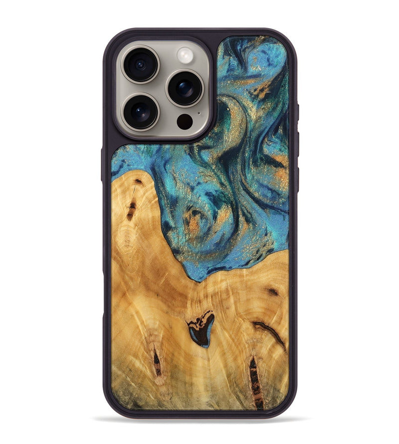 iPhone 16 Pro Max Wood Phone Case - Radha (Teal & Gold, 744899)