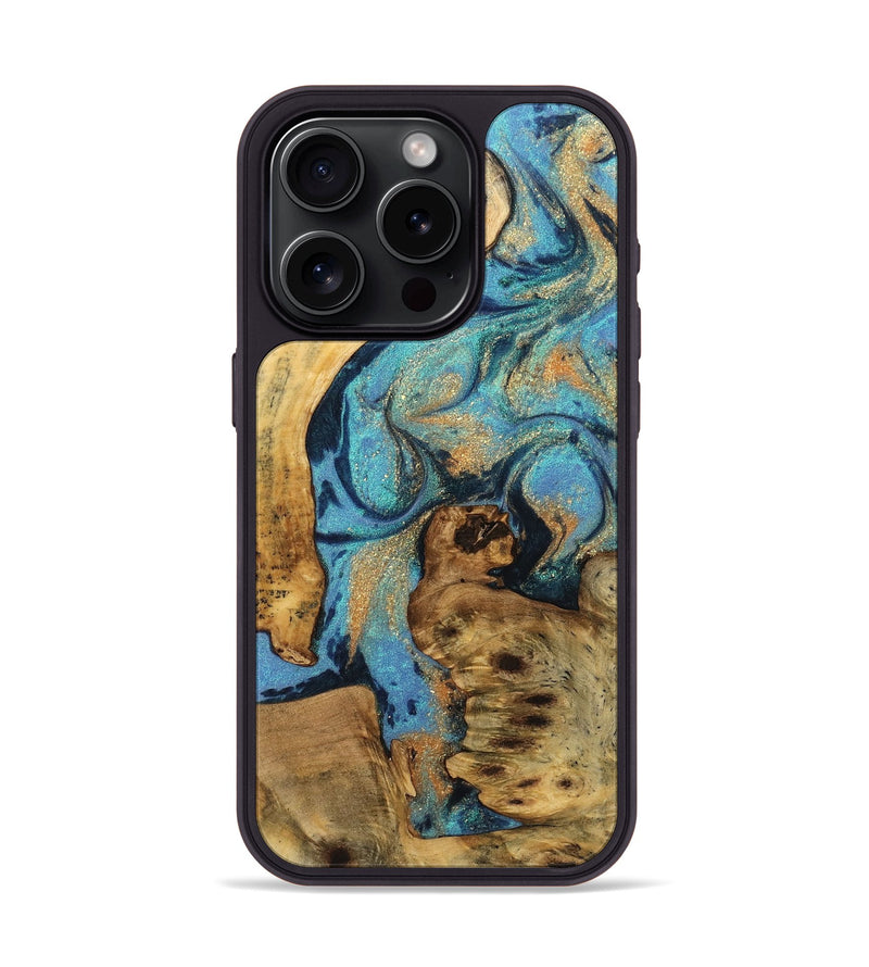 iPhone 15 Pro Wood Phone Case - Agustin (Teal & Gold, 744902)