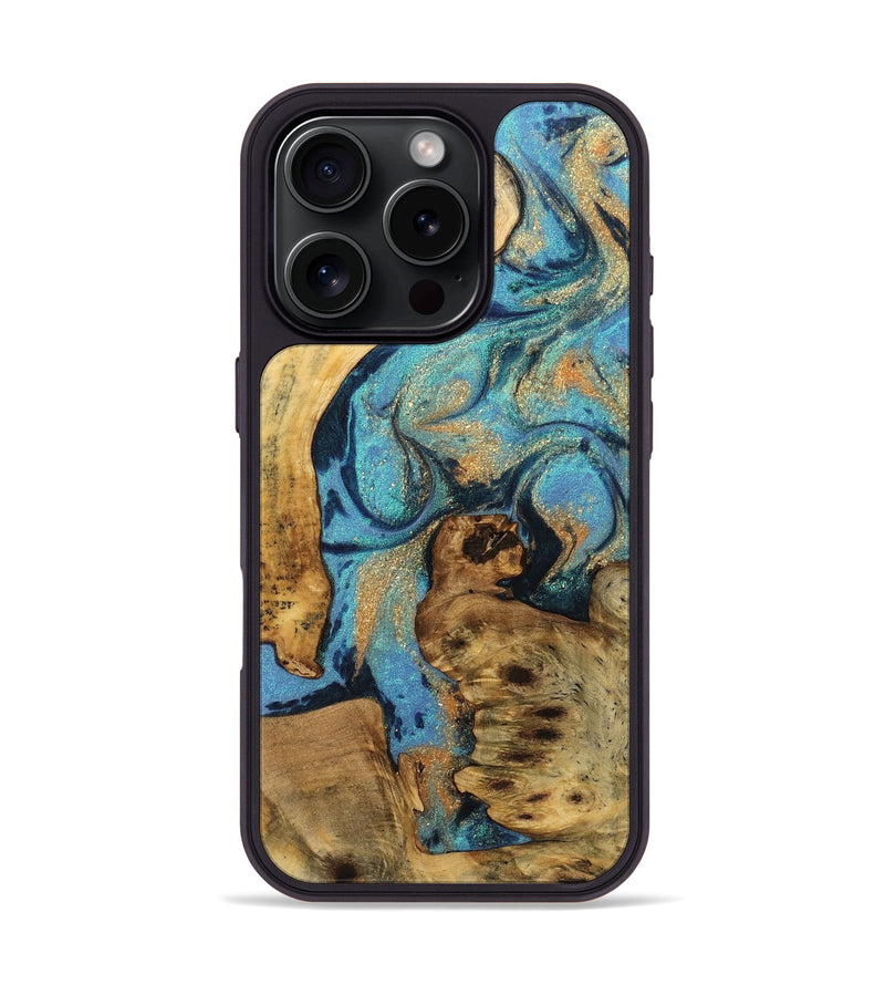 iPhone 16 Pro Wood Phone Case - Agustin (Teal & Gold, 744902)