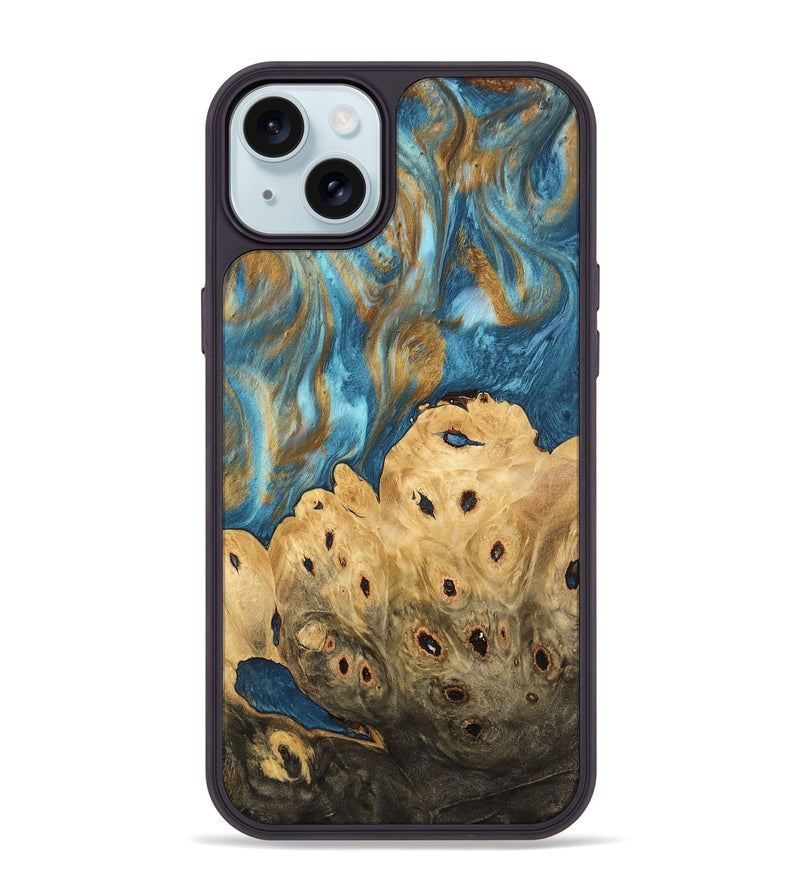 iPhone 15 Plus Wood Phone Case - Leena (Teal & Gold, 744932)