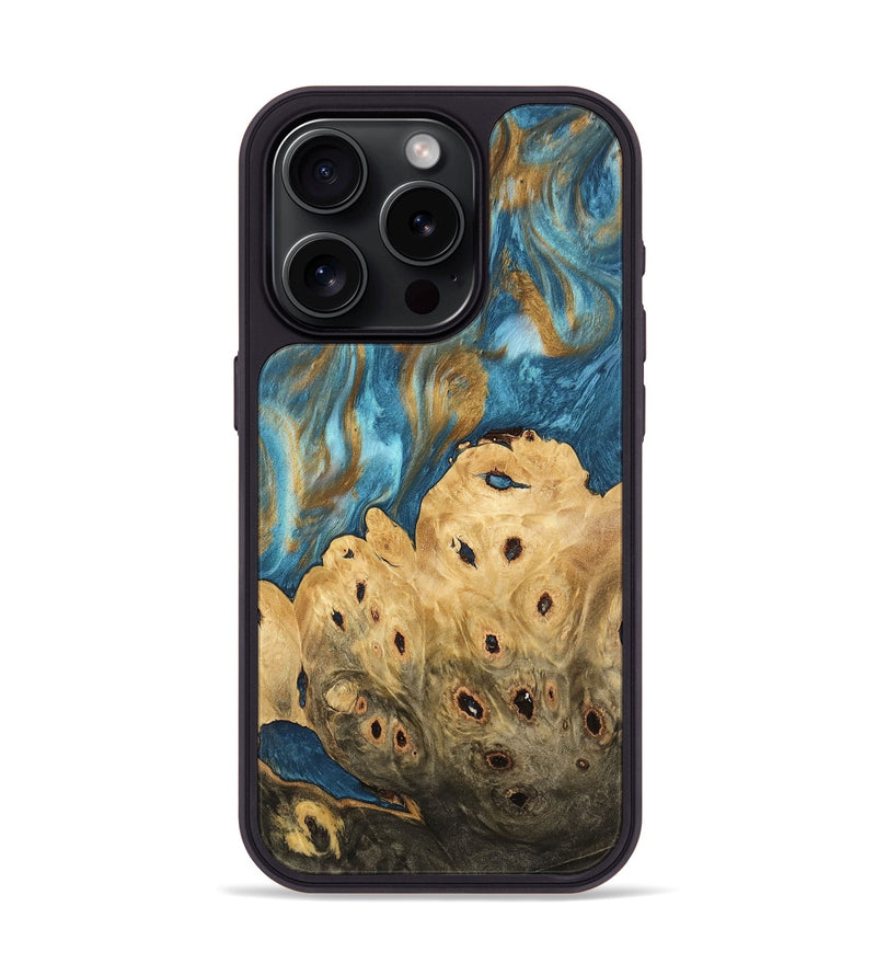 iPhone 15 Pro Wood Phone Case - Leena (Teal & Gold, 744932)