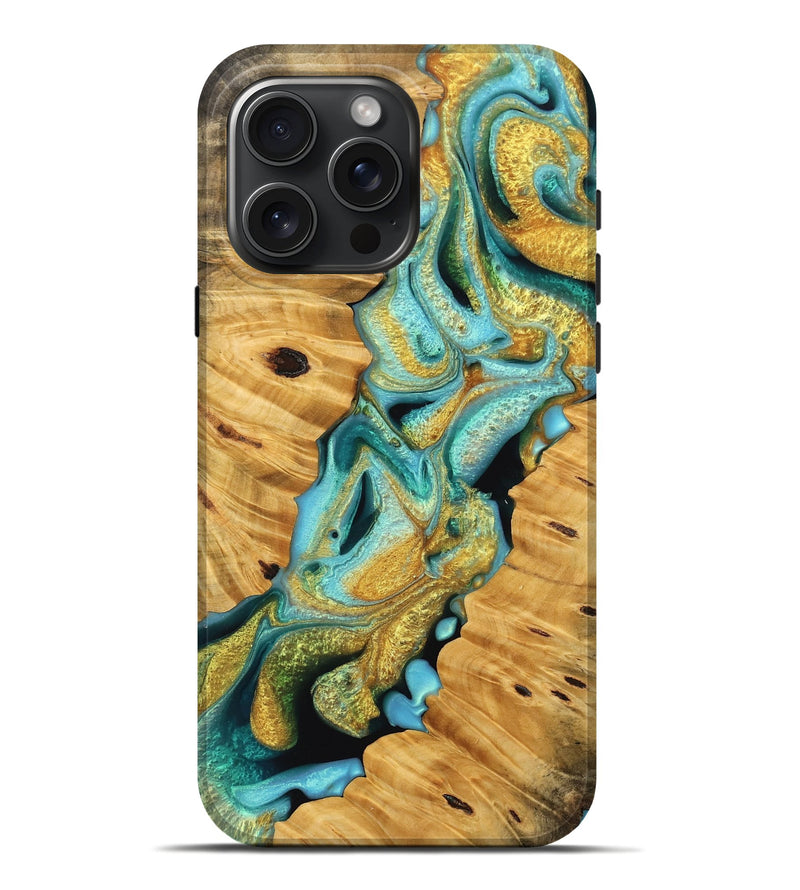 iPhone 16 Pro Max Wood Live Edge Phone Case - Pearlie (Teal & Gold, 745046)