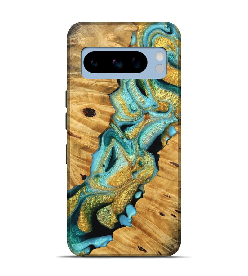 Pixel 8 Pro Wood Live Edge Phone Case - Pearlie (Teal & Gold, 745046)