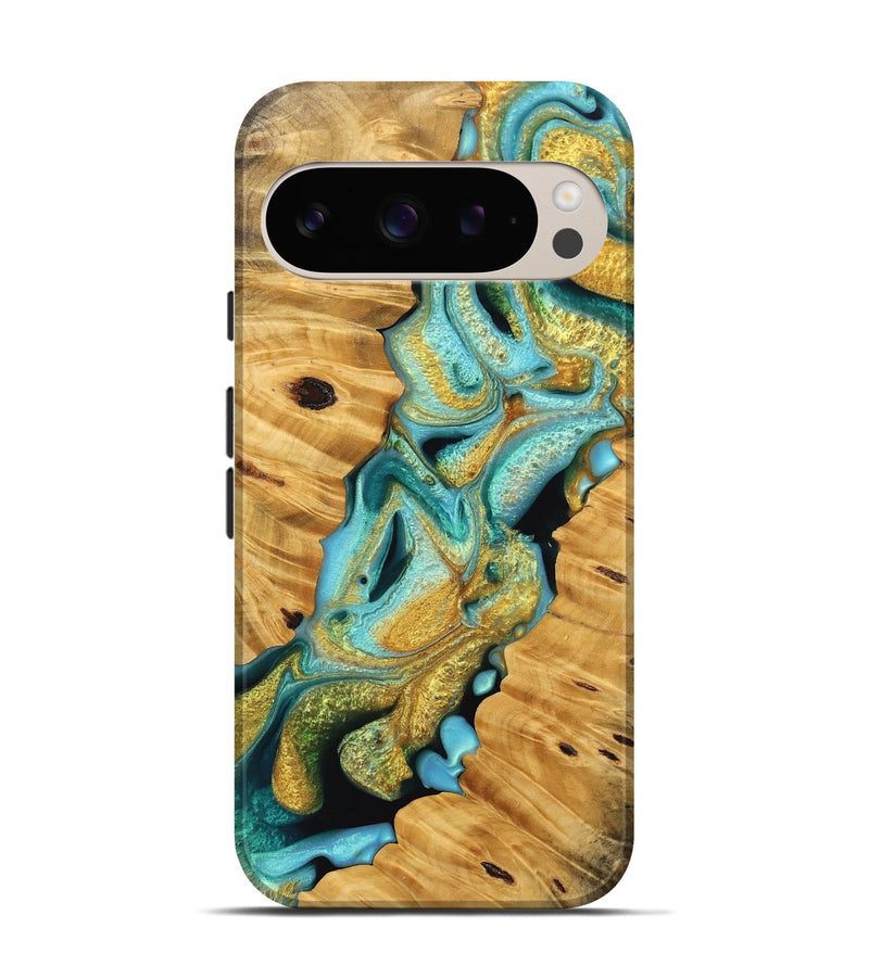 Pixel 9 Wood Live Edge Phone Case - Pearlie (Teal & Gold, 745046)