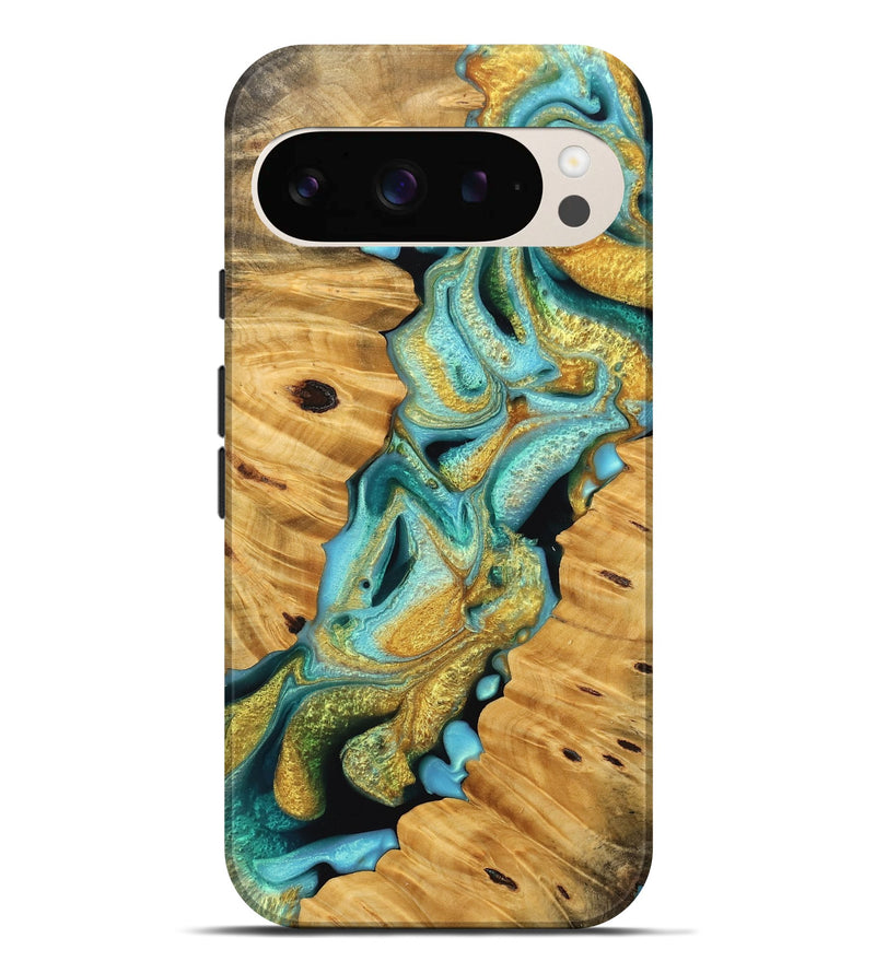 Pixel 9 Pro XL Wood Live Edge Phone Case - Pearlie (Teal & Gold, 745046)