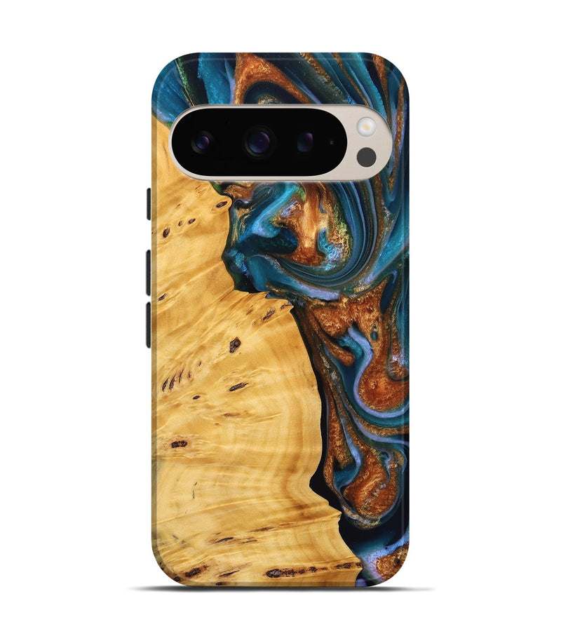 Pixel 9 Wood Live Edge Phone Case - Sileas (Teal & Gold, 745047)