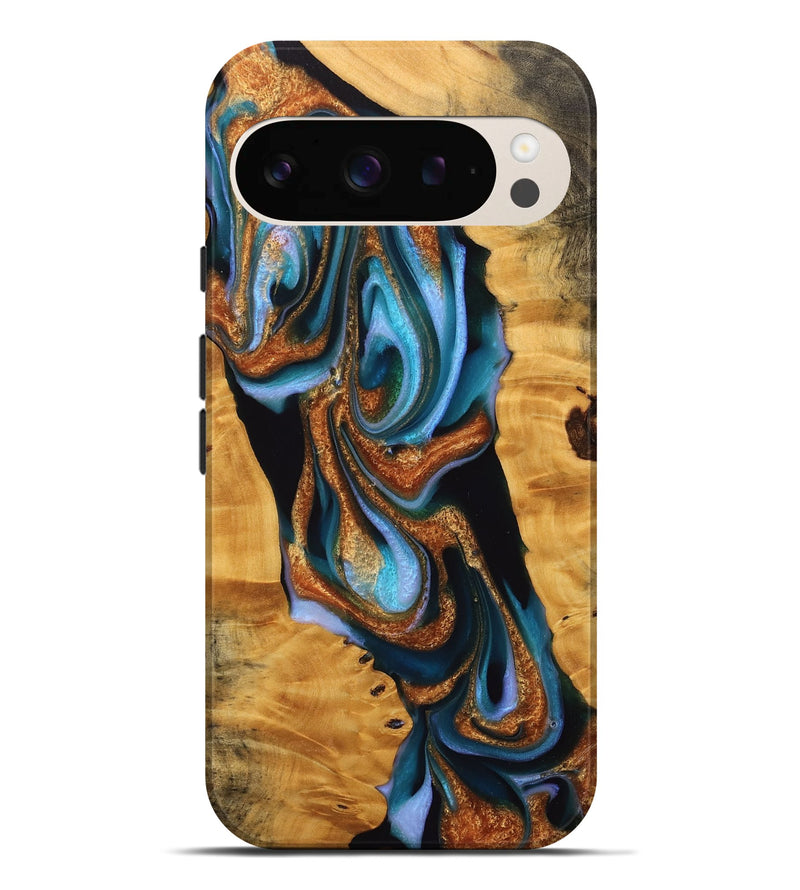 Pixel 9 Pro XL Wood Live Edge Phone Case - Khosro (Teal & Gold, 745050)