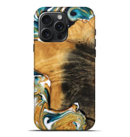 iPhone 16 Pro Max Wood Live Edge Phone Case - Enis (Teal & Gold, 745074)