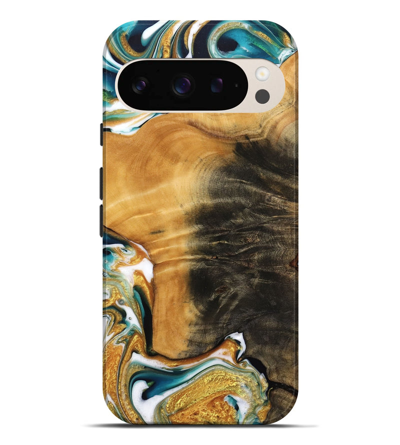 Pixel 9 Pro XL Wood Live Edge Phone Case - Enis (Teal & Gold, 745074)