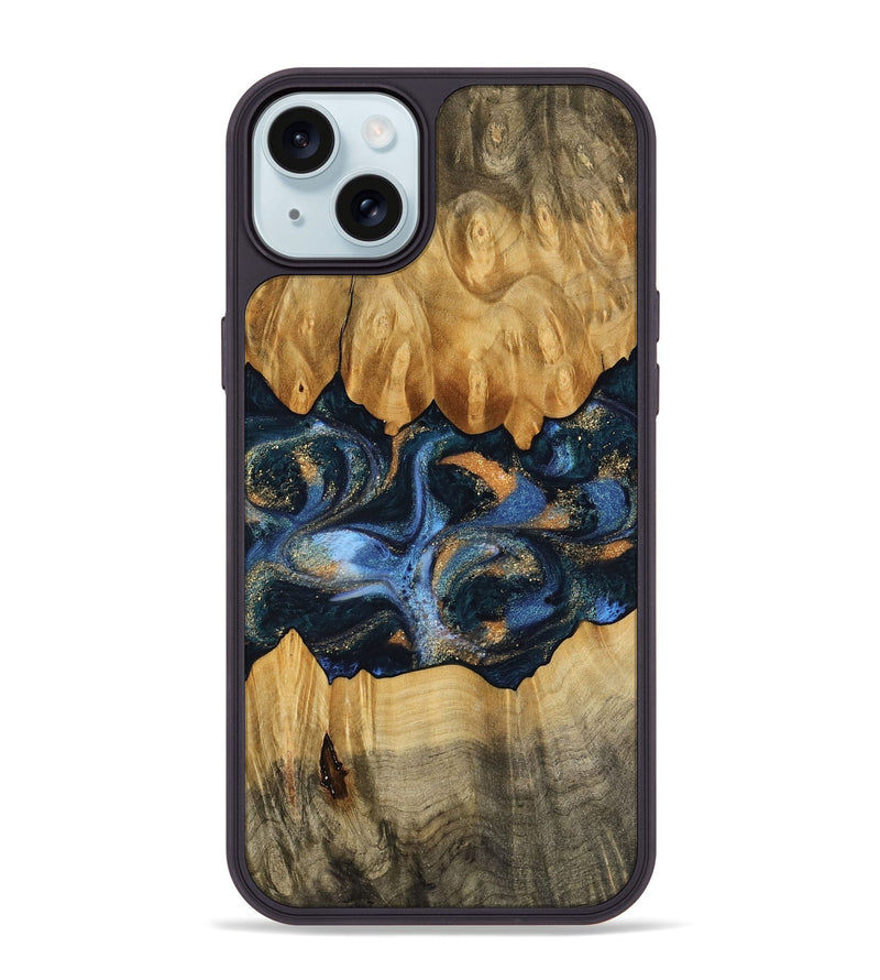 iPhone 15 Plus Wood Phone Case - Omarion (Teal & Gold, 745098)