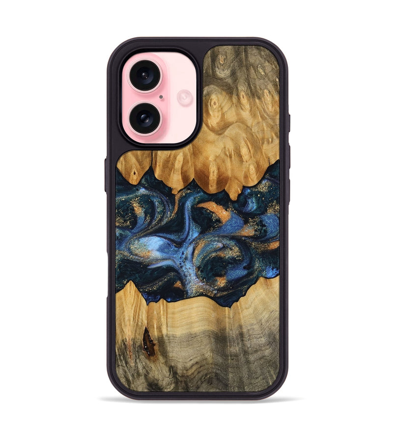 iPhone 16 Wood Phone Case - Omarion (Teal & Gold, 745098)