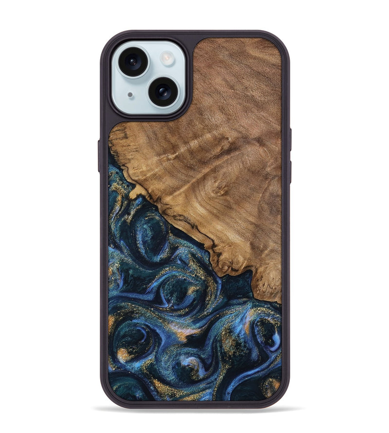 iPhone 15 Plus Wood Phone Case - Caty (Teal & Gold, 745125)