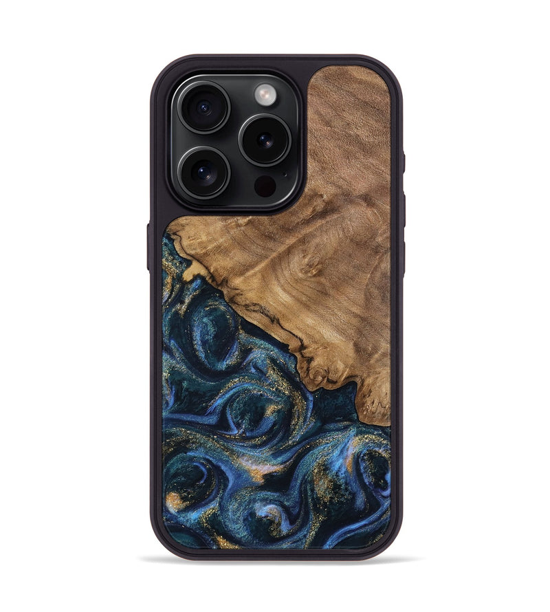 iPhone 15 Pro Wood Phone Case - Caty (Teal & Gold, 745125)