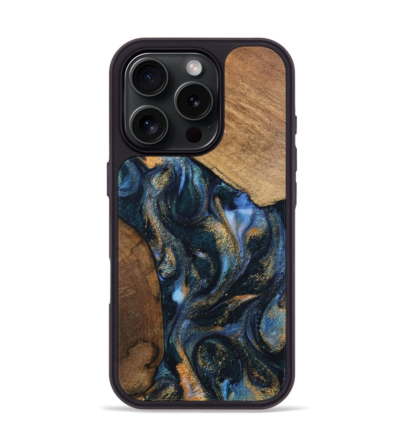 iPhone 16 Pro Wood Phone Case - DeeAnn (Teal & Gold, 745134)