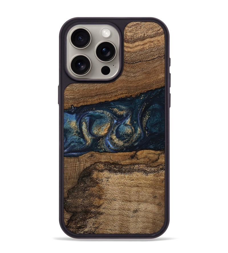 iPhone 15 Pro Max Wood Phone Case - Elvira (Teal & Gold, 745157)