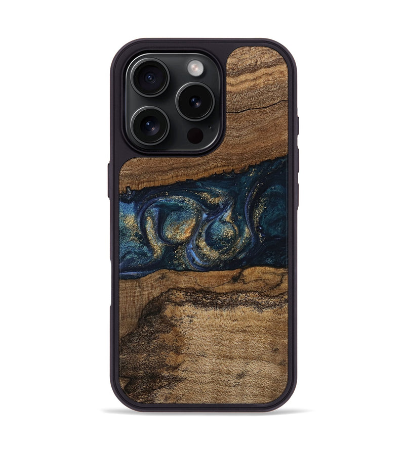 iPhone 16 Pro Wood Phone Case - Elvira (Teal & Gold, 745157)