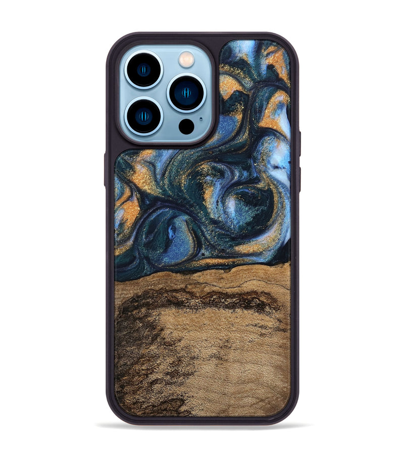 iPhone 14 Pro Max Wood Phone Case - Terry (Teal & Gold, 745172)