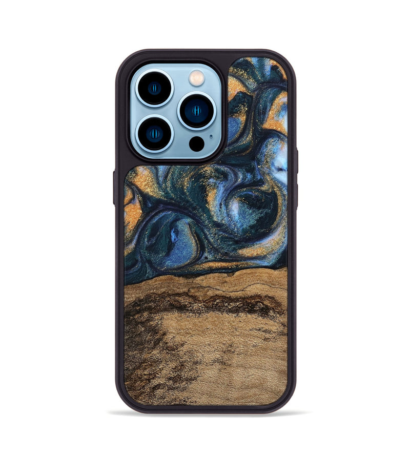 iPhone 14 Pro Wood Phone Case - Terry (Teal & Gold, 745172)